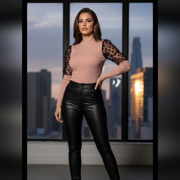 SHEIN Tops - 🩷$15 | SHEIN Ribbed Lightweight Sweater • Black Sheer Polka Dot Mesh Sleeves🩷